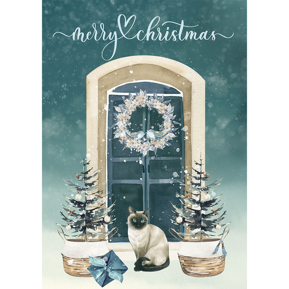 Blue-Eyed Cat by the Festive Door